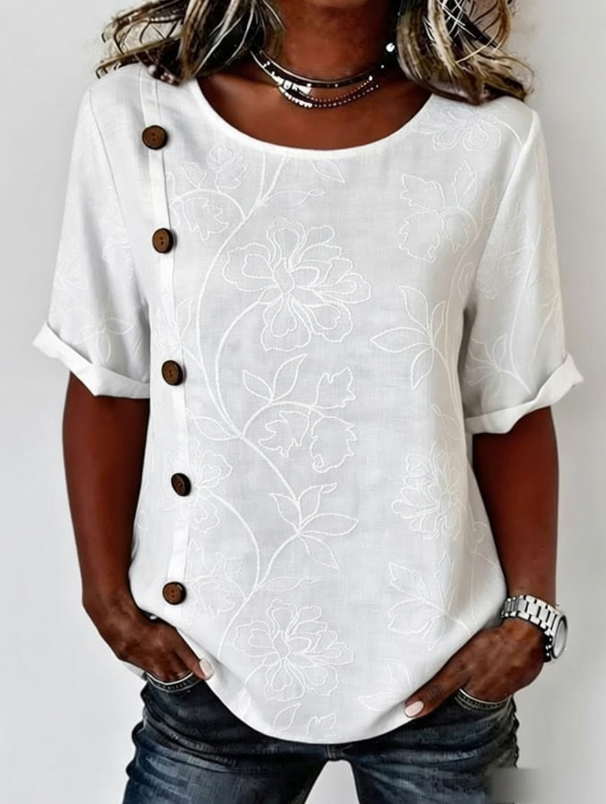 Women'S Button Design Casual Floral Art Short Sleeved Shirt