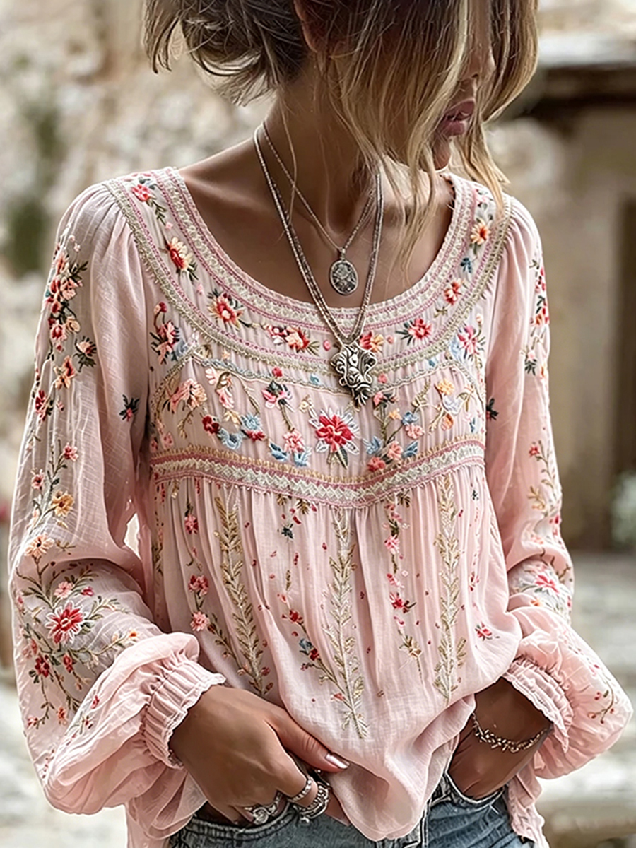 Women's Floral Embroidered Long Sleeve Peplum Blouse
