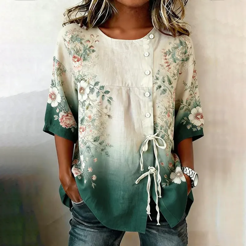 Women's casual floral cotton linen short sleeved shirt