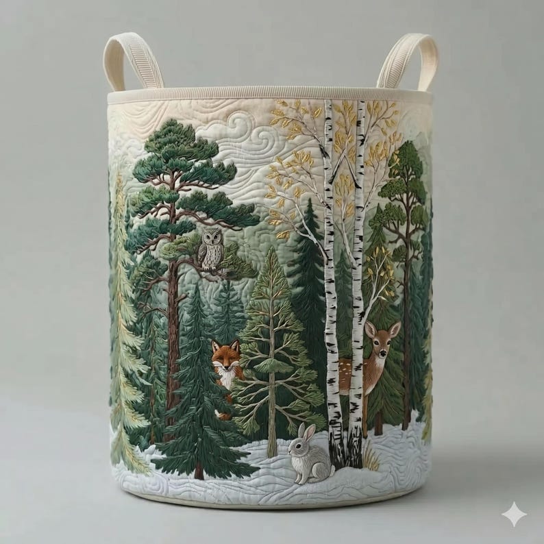 Quilted Forest Storage Basket, Woodland Animal Fabric Basket, Rustic Laundry Hamper, Winter Cabin Decor