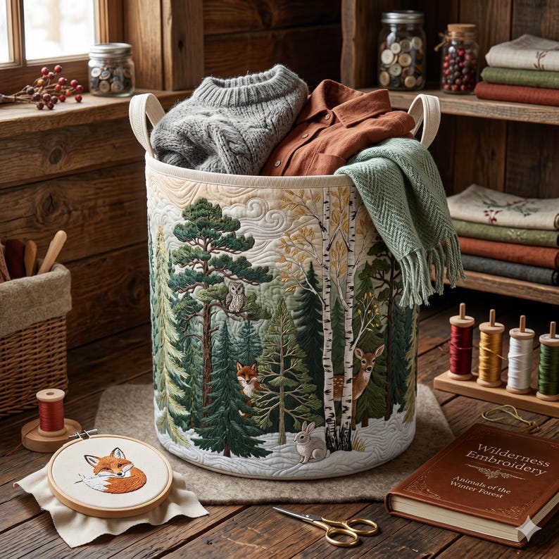Quilted Forest Storage Basket, Woodland Animal Fabric Basket, Rustic Laundry Hamper, Winter Cabin Decor