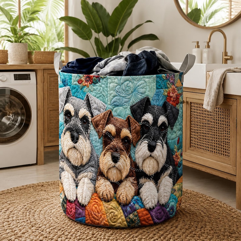 Schnauzer Dog Quilted Laundry Basket, Cute Dog Lover Hamper, Colorful Puppy Laundry Bin, Pet Lover Storage Basket