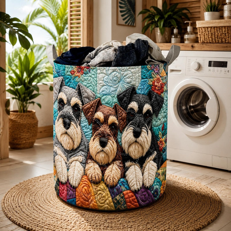 Schnauzer Dog Quilted Laundry Basket, Cute Dog Lover Hamper, Colorful Puppy Laundry Bin, Pet Lover Storage Basket