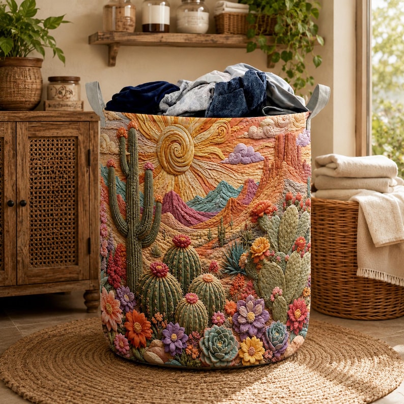 Cactus Quilted Laundry Basket, Desert Floral Hamper, Southwest Sun Laundry Bin, Boho Cactus Fabric Storage Basket