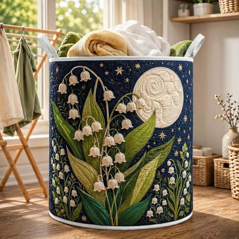 Lily Of the Valley Quilted Laundry Basket: Starry Night Floral Hamper, Nature Lover Gift