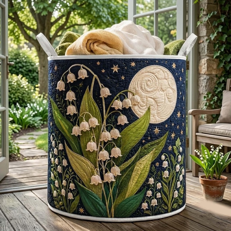 Lily Of the Valley Quilted Laundry Basket: Starry Night Floral Hamper, Nature Lover Gift