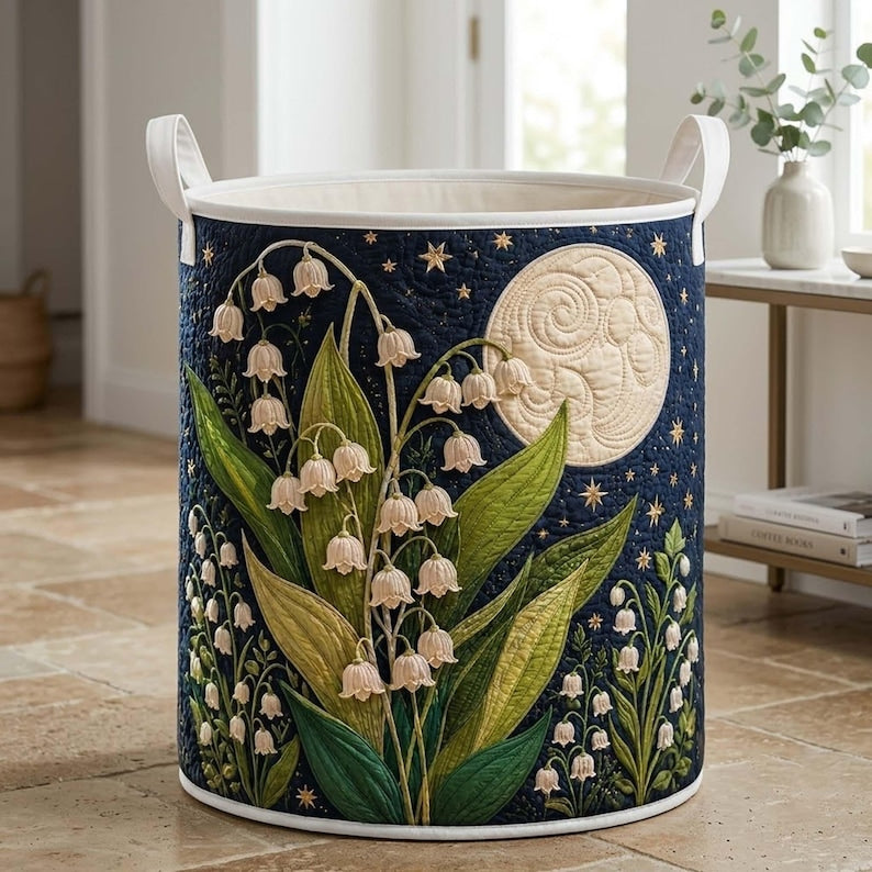 Lily Of the Valley Quilted Laundry Basket: Starry Night Floral Hamper, Nature Lover Gift
