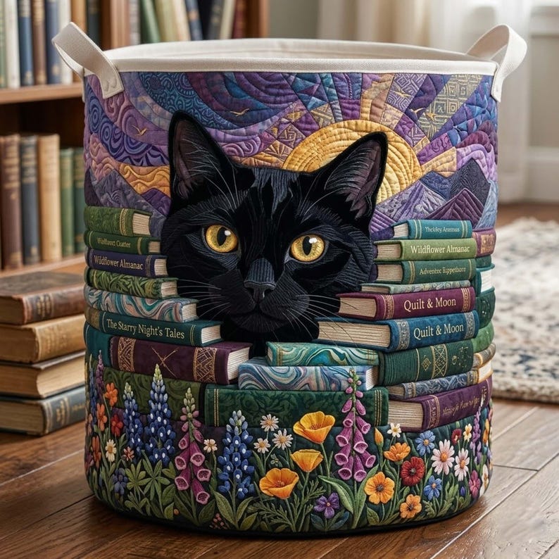 Personalized Bookish Cat Quilted Laundry Basket, Library Kitten Clothes Hamper, Pet Lover Gift