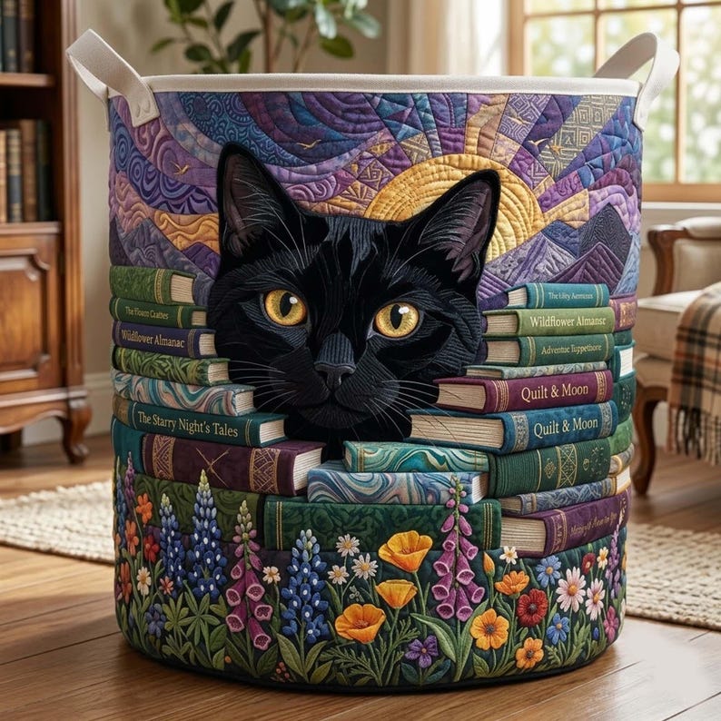 Personalized Bookish Cat Quilted Laundry Basket, Library Kitten Clothes Hamper, Pet Lover Gift