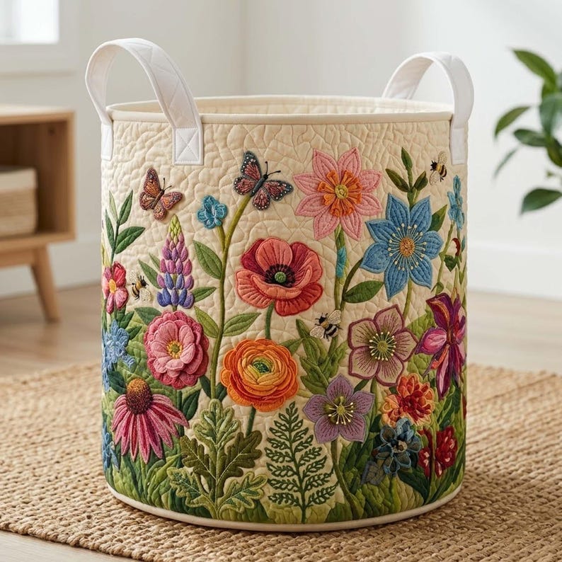 Wildflower Quilted Laundry Basket: Colorful Floral Clothes Hamper, Spring Gift For Mom