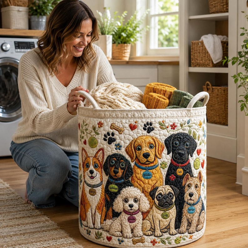 Quilted Dog Laundry Hamper, Whimsical Fabric Storage Basket, Toy Organizer