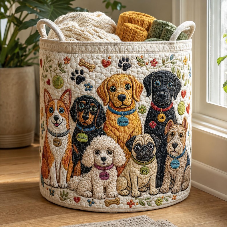 Quilted Dog Laundry Hamper, Whimsical Fabric Storage Basket, Toy Organizer