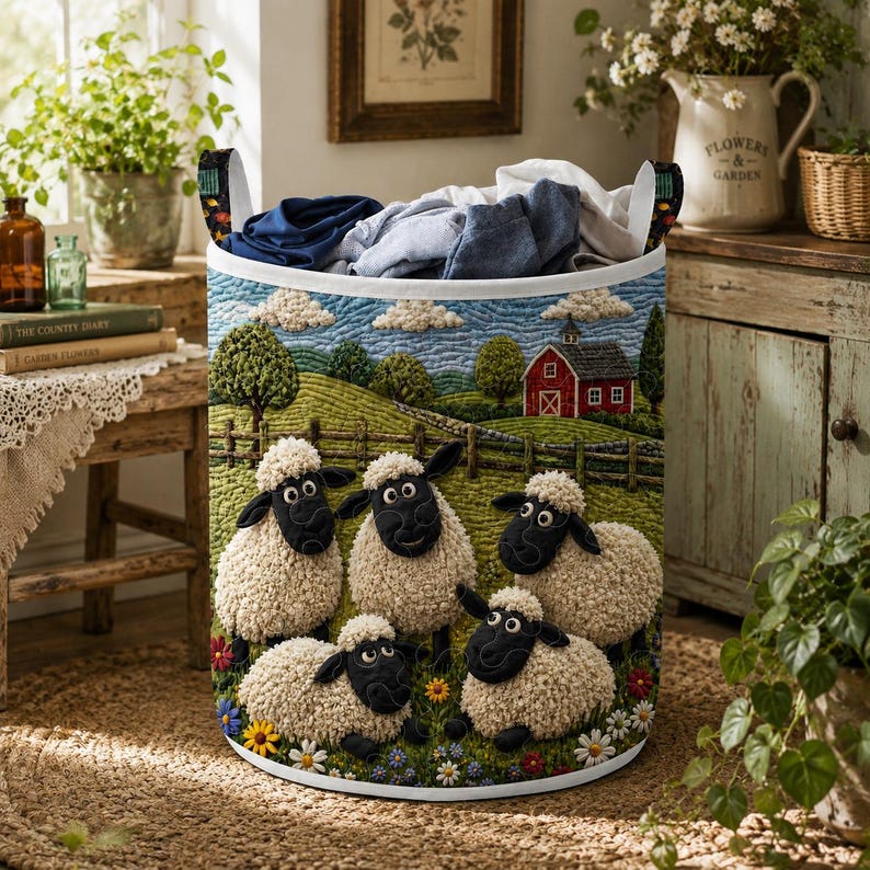 Black Face Sheep Quilted Laundry Basket, Personalized Fabric Storage Basket, Farm Animal Laundry Hamper