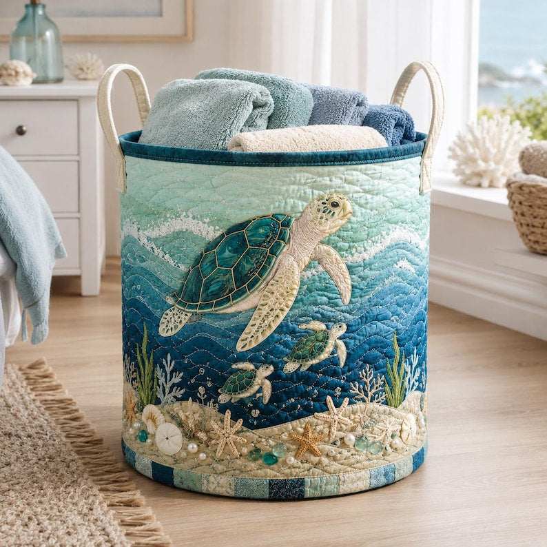 Quilted Sea Turtle Laundry Basket, Coastal Beach Storage Bin, Nautical Nursery Hamper