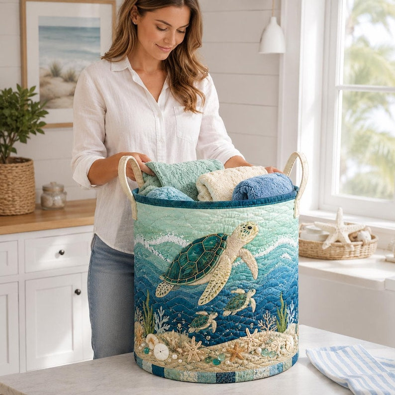 Quilted Sea Turtle Laundry Basket, Coastal Beach Storage Bin, Nautical Nursery Hamper