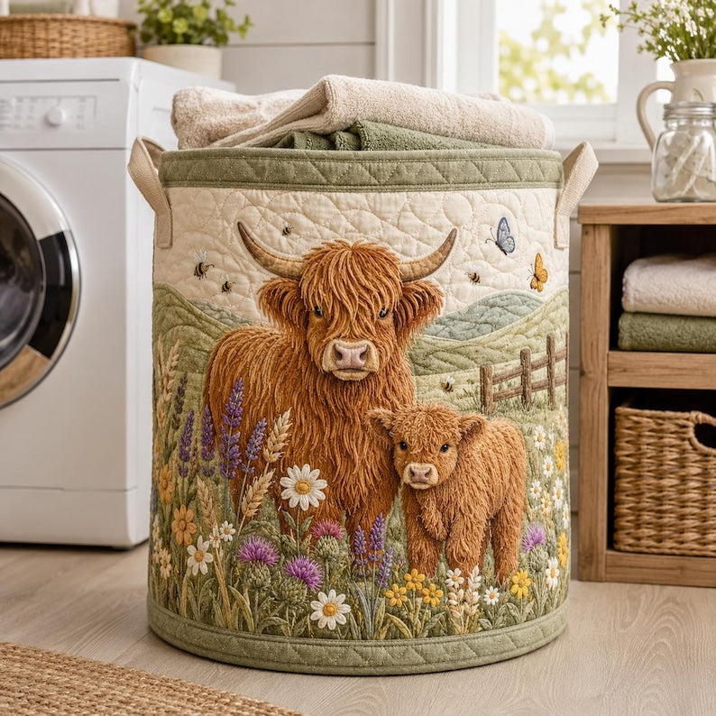 Highland Cow Quilted Laundry Basket, Fluffy Calf Storage Bin, Farmhouse Hamper, Nursery Organizer