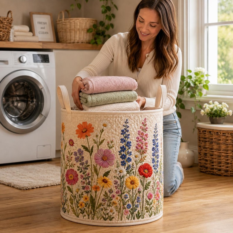 Wildflower Quilted Laundry Basket, Botanical Storage Bin, Meadow Hamper, Toy Organizer