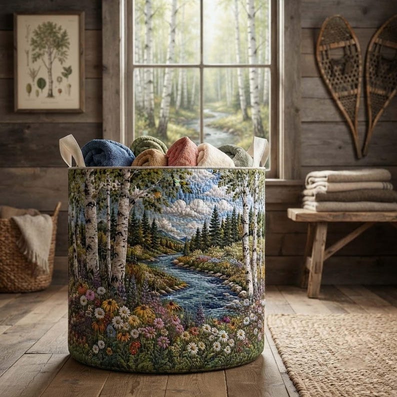 Birch Forest Quilted Laundry Basket, Woodland Clothes Hamper, Nature Inspired Gift