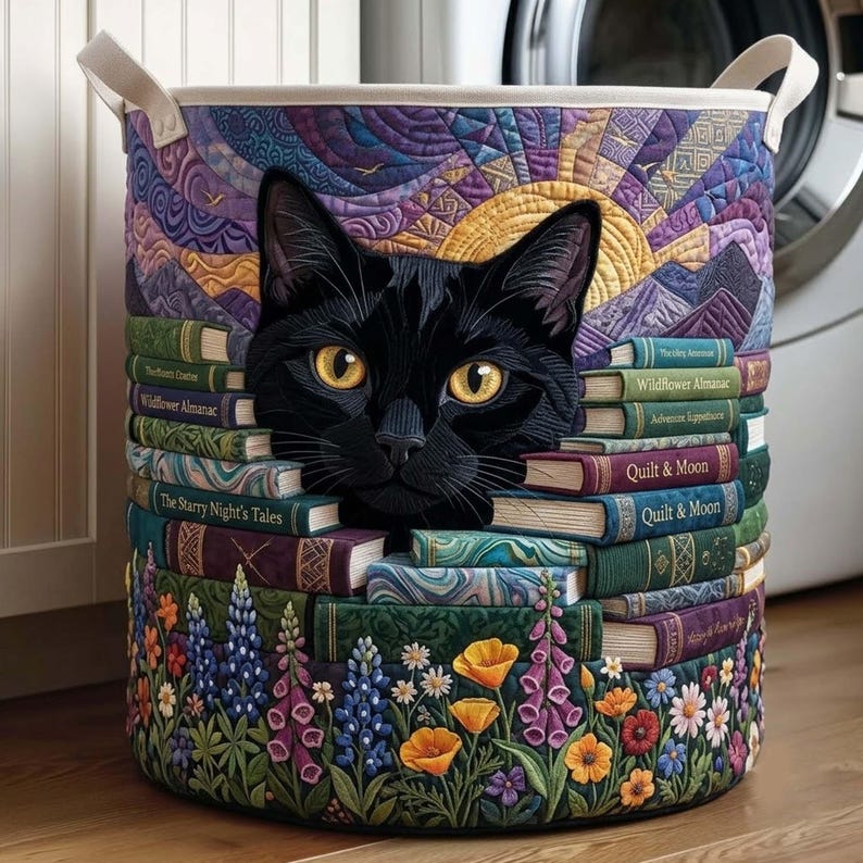 Personalized Bookish Cat Quilted Laundry Basket, Library Kitten Clothes Hamper, Pet Lover Gift