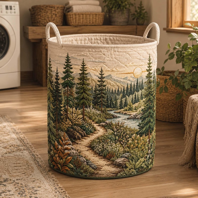 Quilted Into Woodland Laundry Basket, Pine Forest Quilt Hamper, Mountain Storage Bin