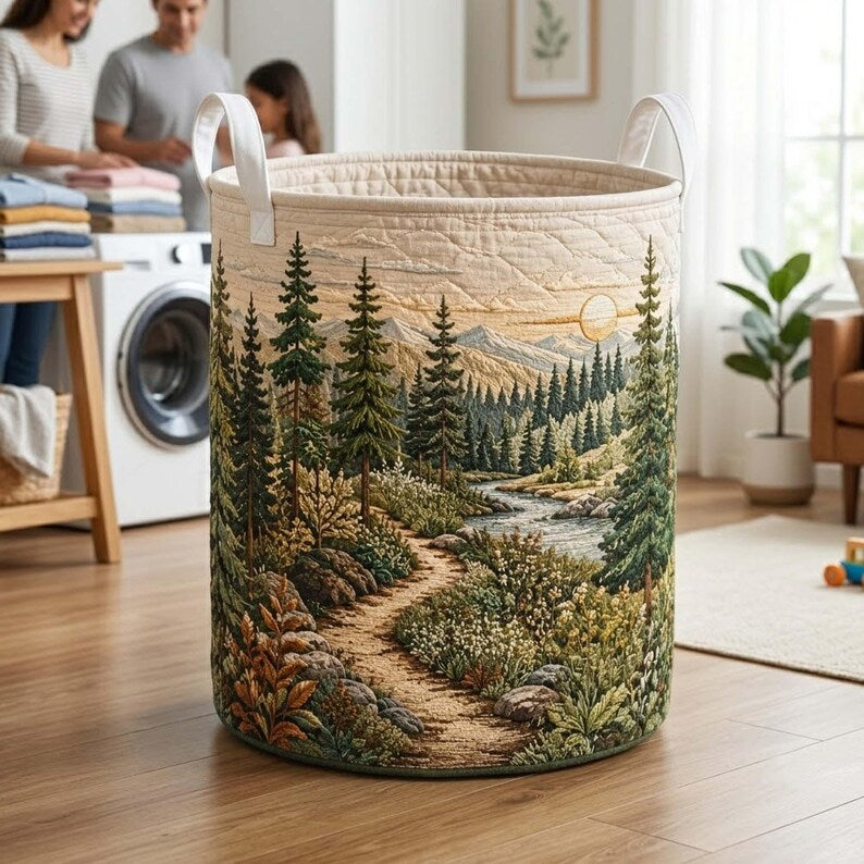Quilted Into Woodland Laundry Basket, Pine Forest Quilt Hamper, Mountain Storage Bin