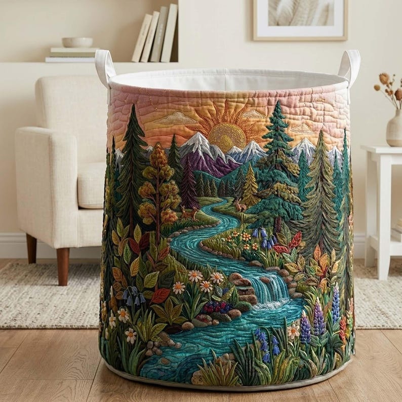 Woodland Forest Quilted Laundry Basket, Nature Landscape Hamper, Rustic Forest Storage Bin