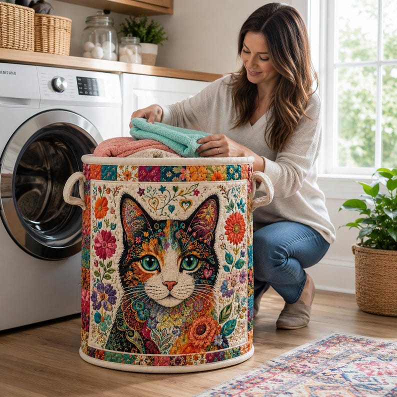 Colorful Cat Quilted Laundry Basket, Patchwork Kitten Storage Hamper, Floral Cat Lover Gift