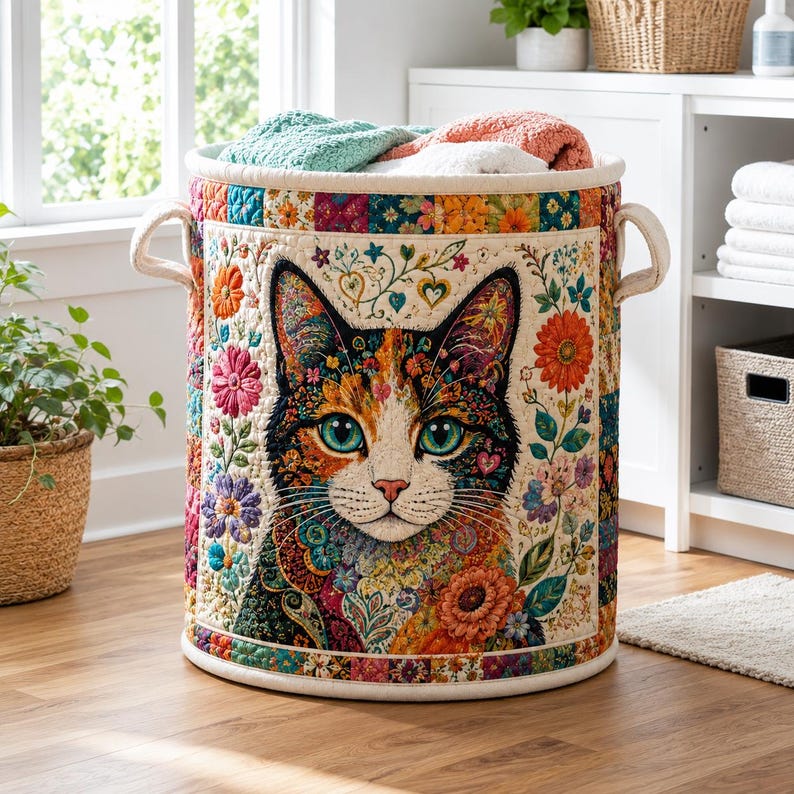 Colorful Cat Quilted Laundry Basket, Patchwork Kitten Storage Hamper, Floral Cat Lover Gift