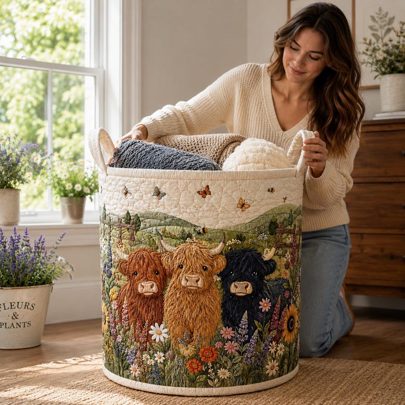 Highland Cow Quilted Laundry Hamper, Farmhouse Wildflower Storage Bin