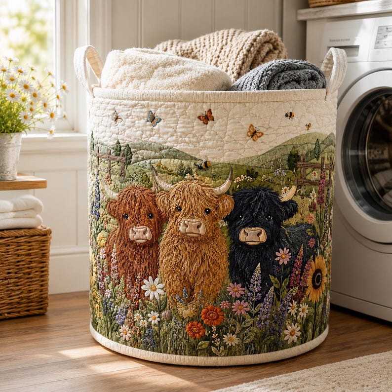 Highland Cow Quilted Laundry Hamper, Farmhouse Wildflower Storage Bin