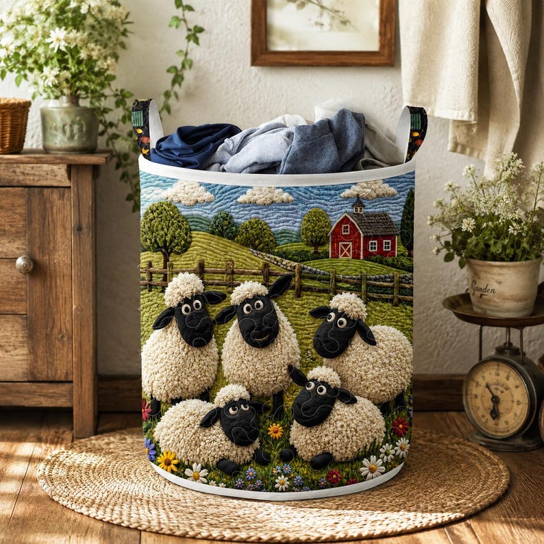 Black Face Sheep Quilted Laundry Basket, Personalized Fabric Storage Basket, Farm Animal Laundry Hamper
