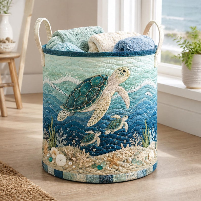 Quilted Sea Turtle Laundry Basket, Coastal Beach Storage Bin, Nautical Nursery Hamper