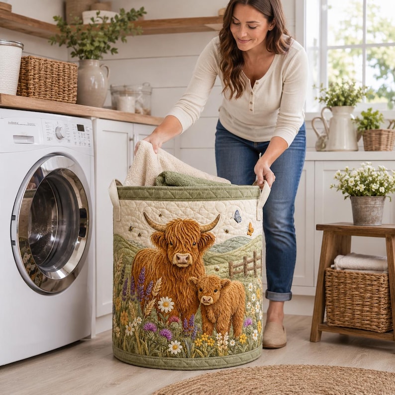 Highland Cow Quilted Laundry Basket, Fluffy Calf Storage Bin, Farmhouse Hamper, Nursery Organizer