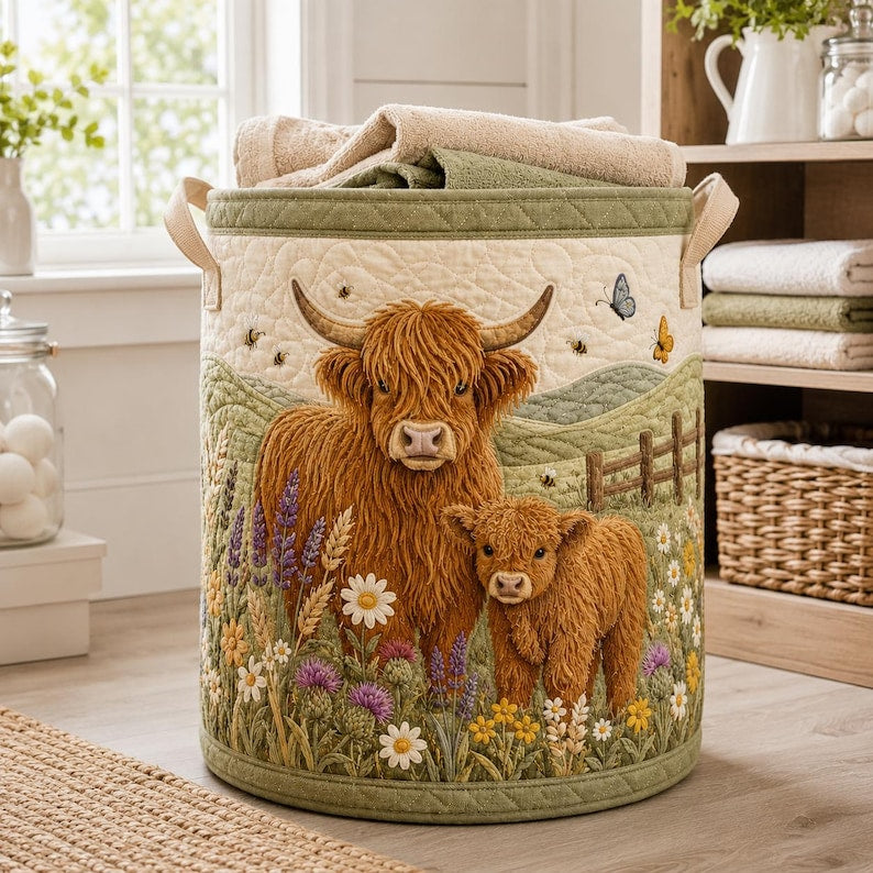 Highland Cow Quilted Laundry Basket, Fluffy Calf Storage Bin, Farmhouse Hamper, Nursery Organizer