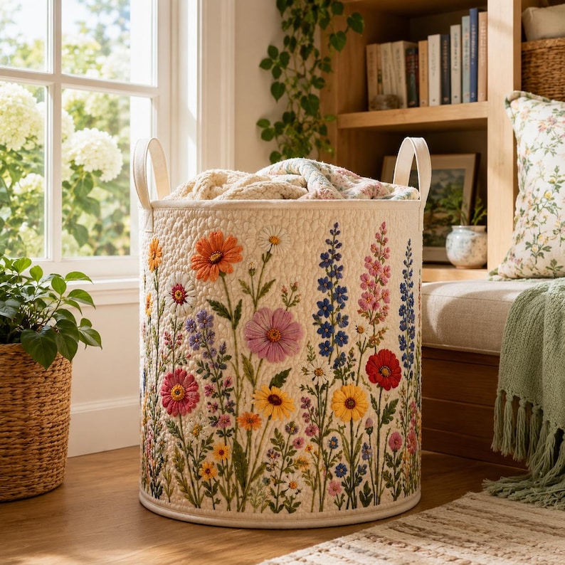 Wildflower Quilted Laundry Basket, Botanical Storage Bin, Meadow Hamper, Toy Organizer
