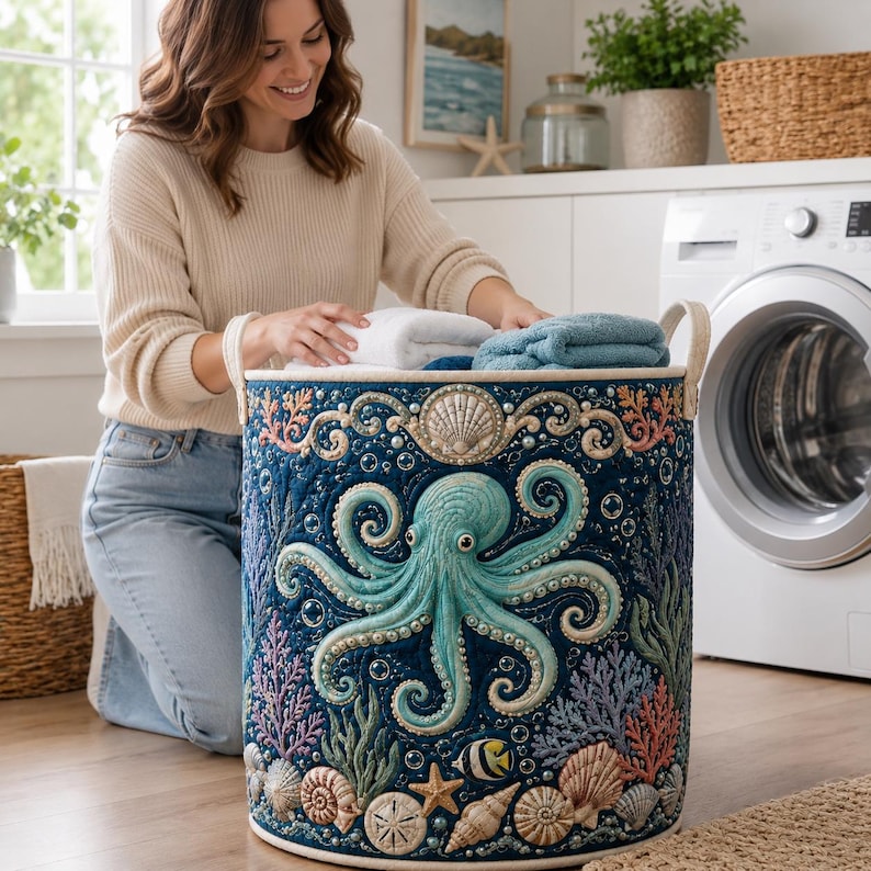 Quilted Octopus Laundry Hamper, Coastal Ocean Theme Storage Basket