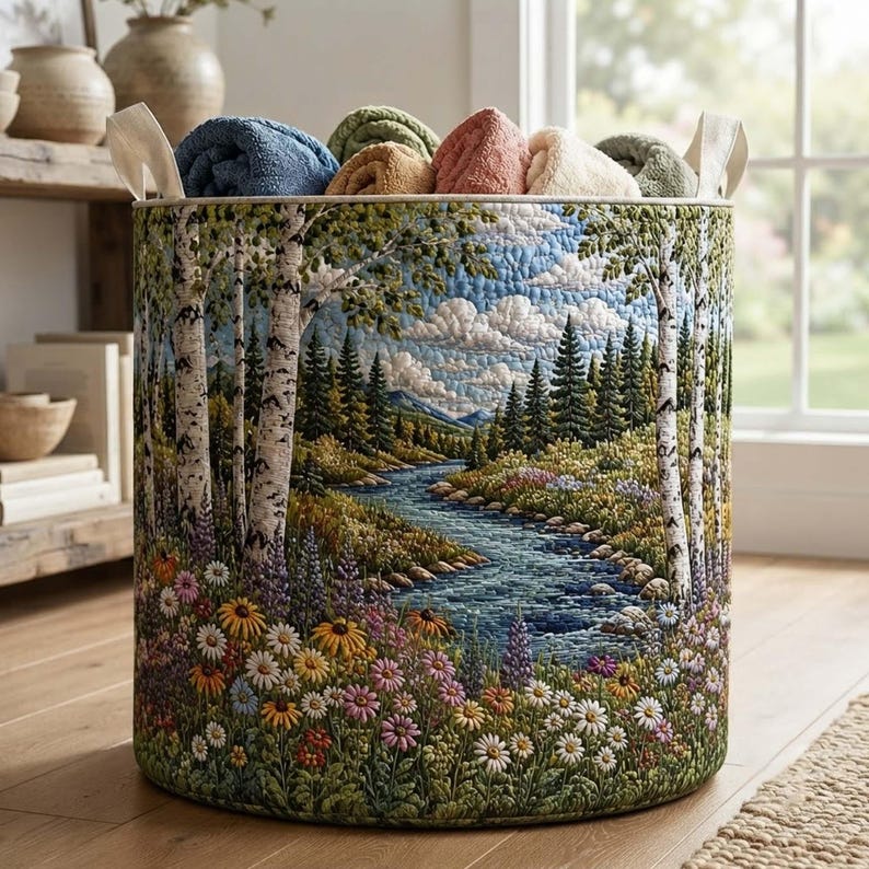 Birch Forest Quilted Laundry Basket, Woodland Clothes Hamper, Nature Inspired Gift