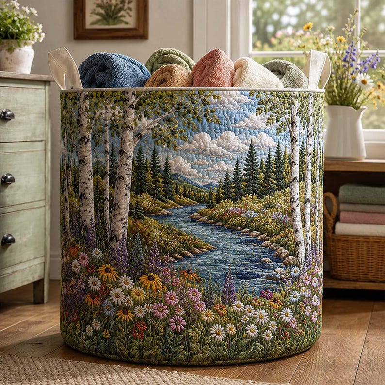 Birch Forest Quilted Laundry Basket, Woodland Clothes Hamper, Nature Inspired Gift