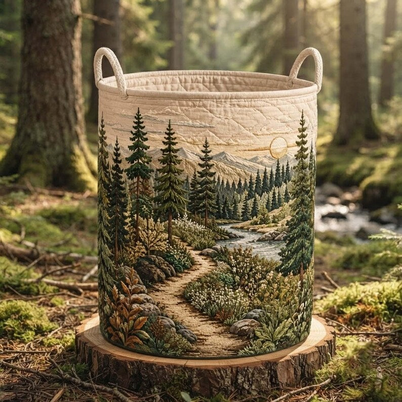 Quilted Into Woodland Laundry Basket, Pine Forest Quilt Hamper, Mountain Storage Bin
