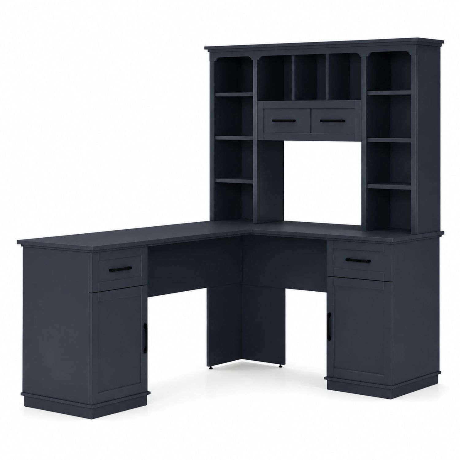 Bureau d'angle en bois avec étagères et tiroirs