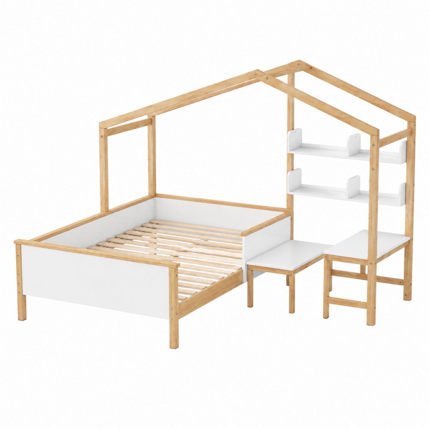 Lit en bois avec étagères intégrées et bureau 207x101 cm Blanc/Naturel