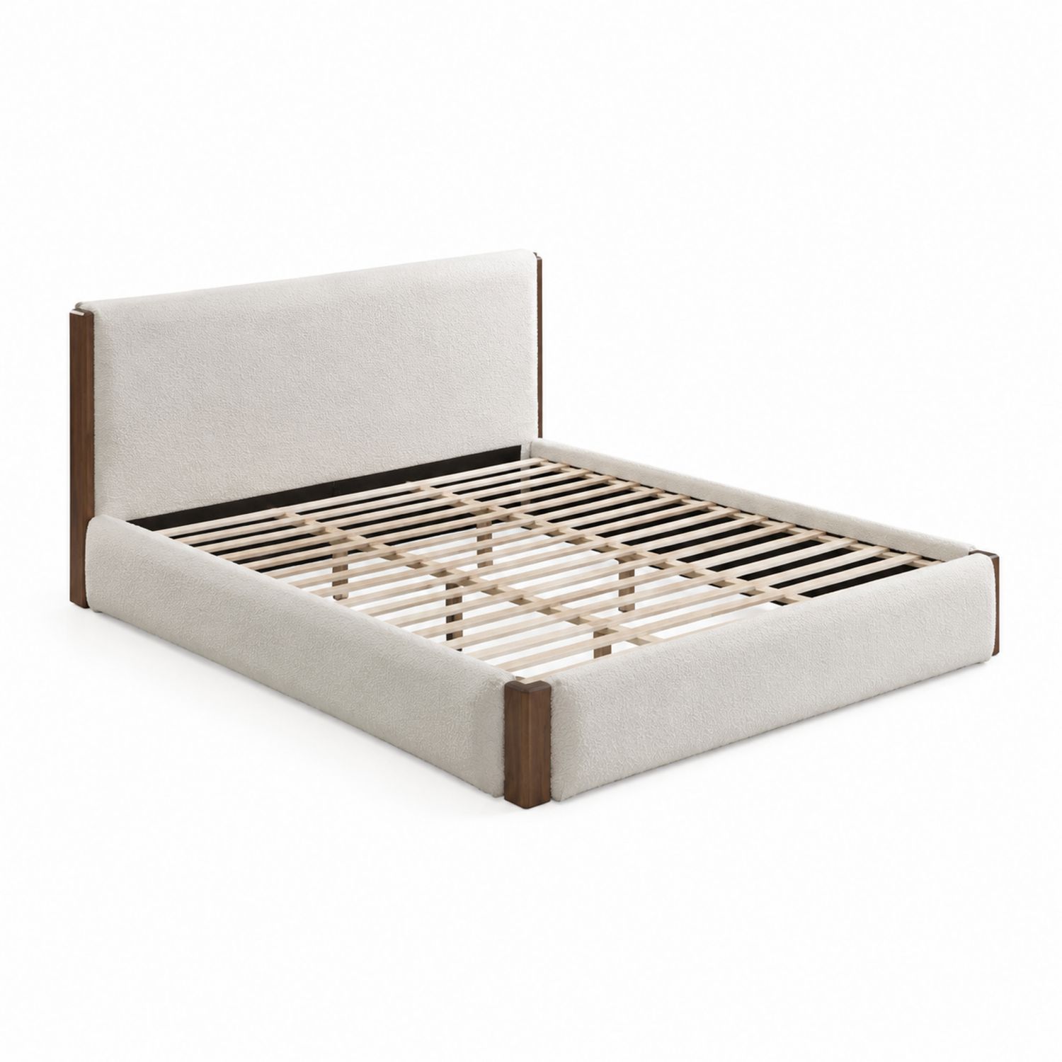 Lit double rectangulaire en bois et tissu beige 160x200 cm