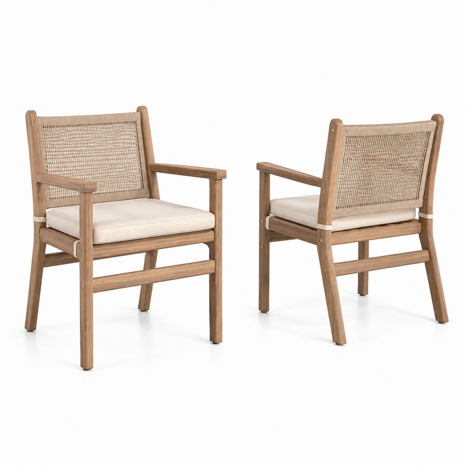 Ensemble de 2 chaises en teck et rotin avec coussins beige