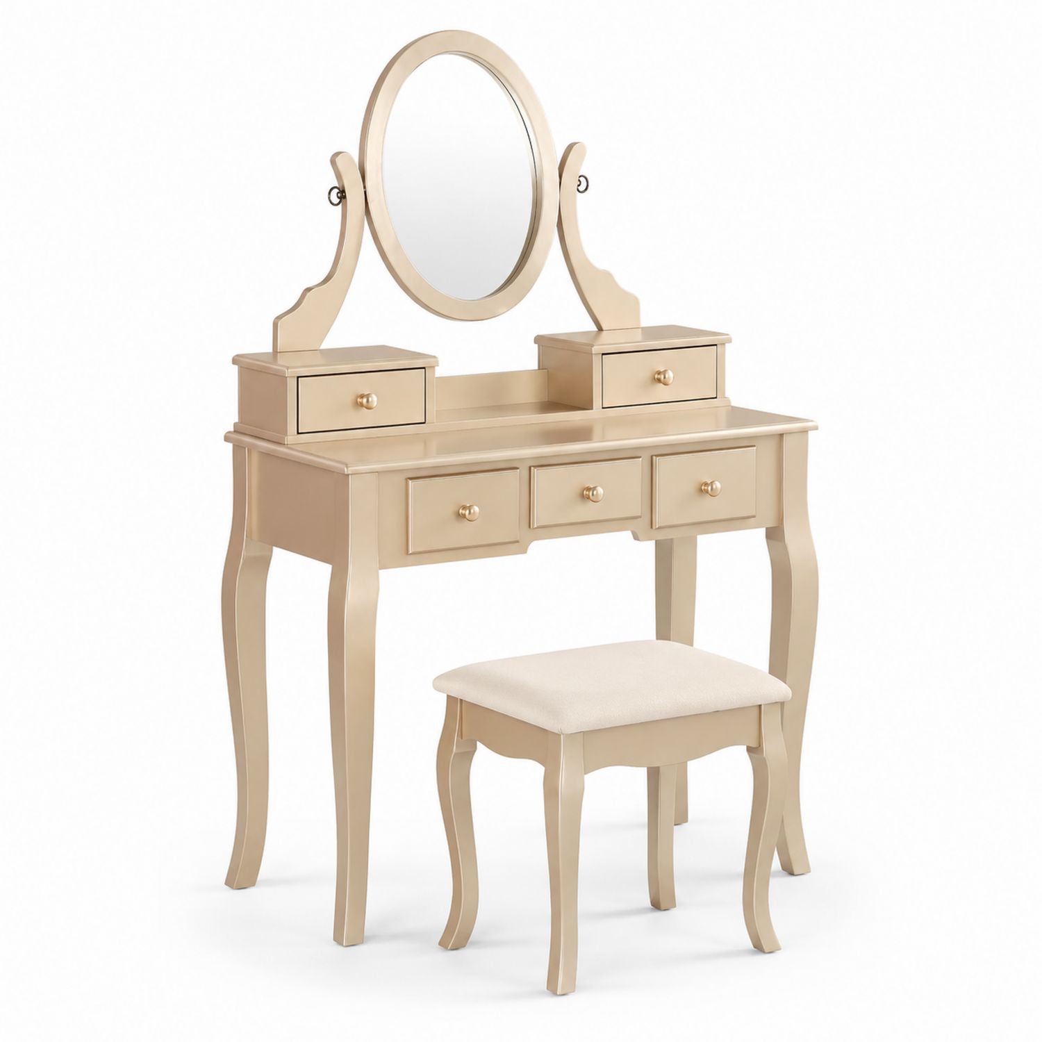 Coiffeuse en Bois avec Miroir Ovale et Tabouret Crème