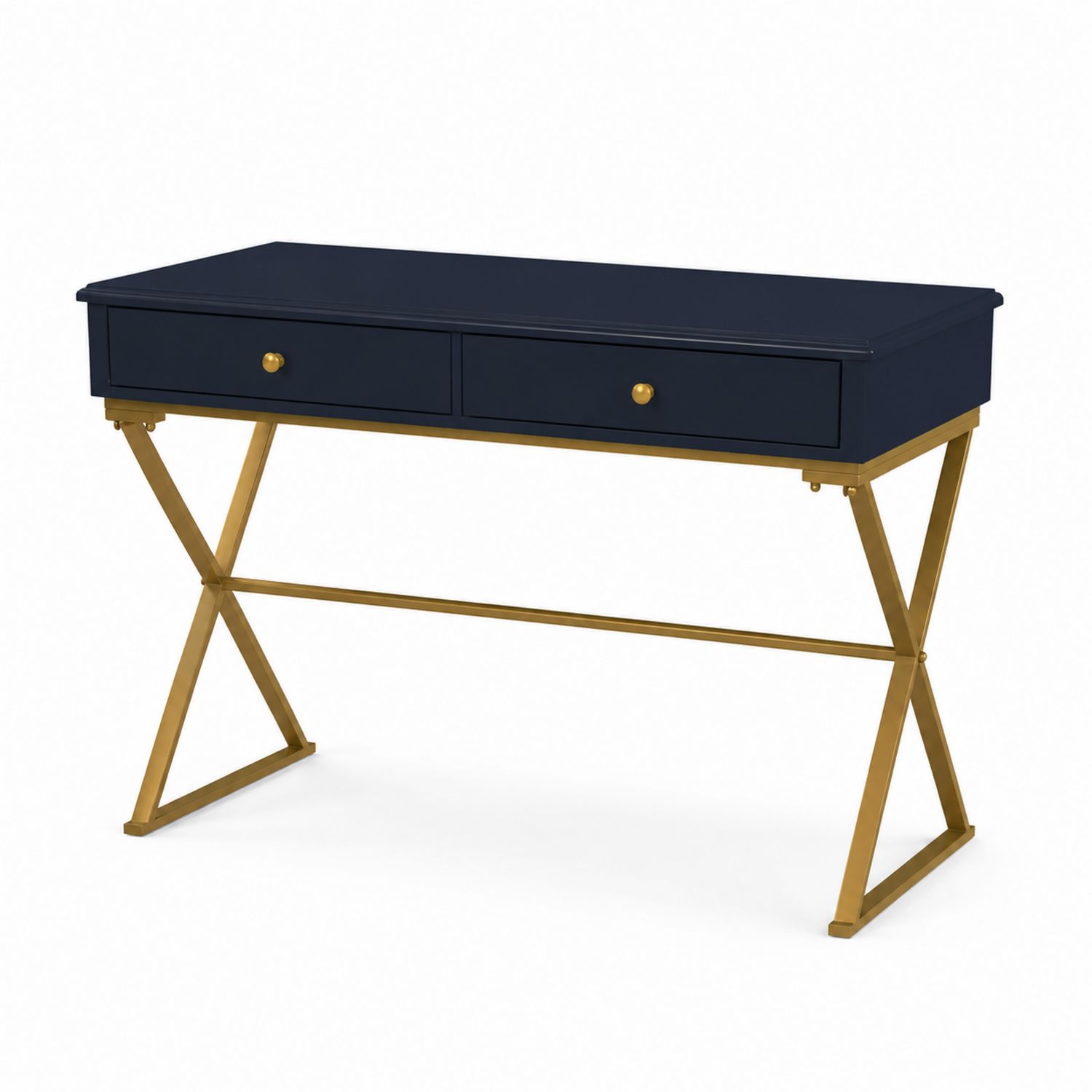 Bureau rectangulaire en bois avec structure en acier bleu et or
