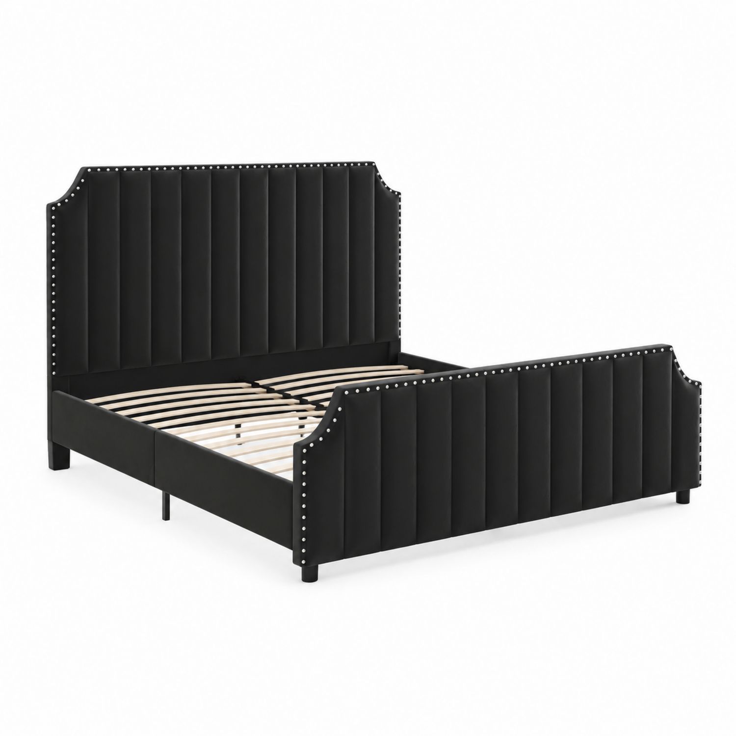 Lit double en bois et velours avec clous décoratifs 160x200 cm