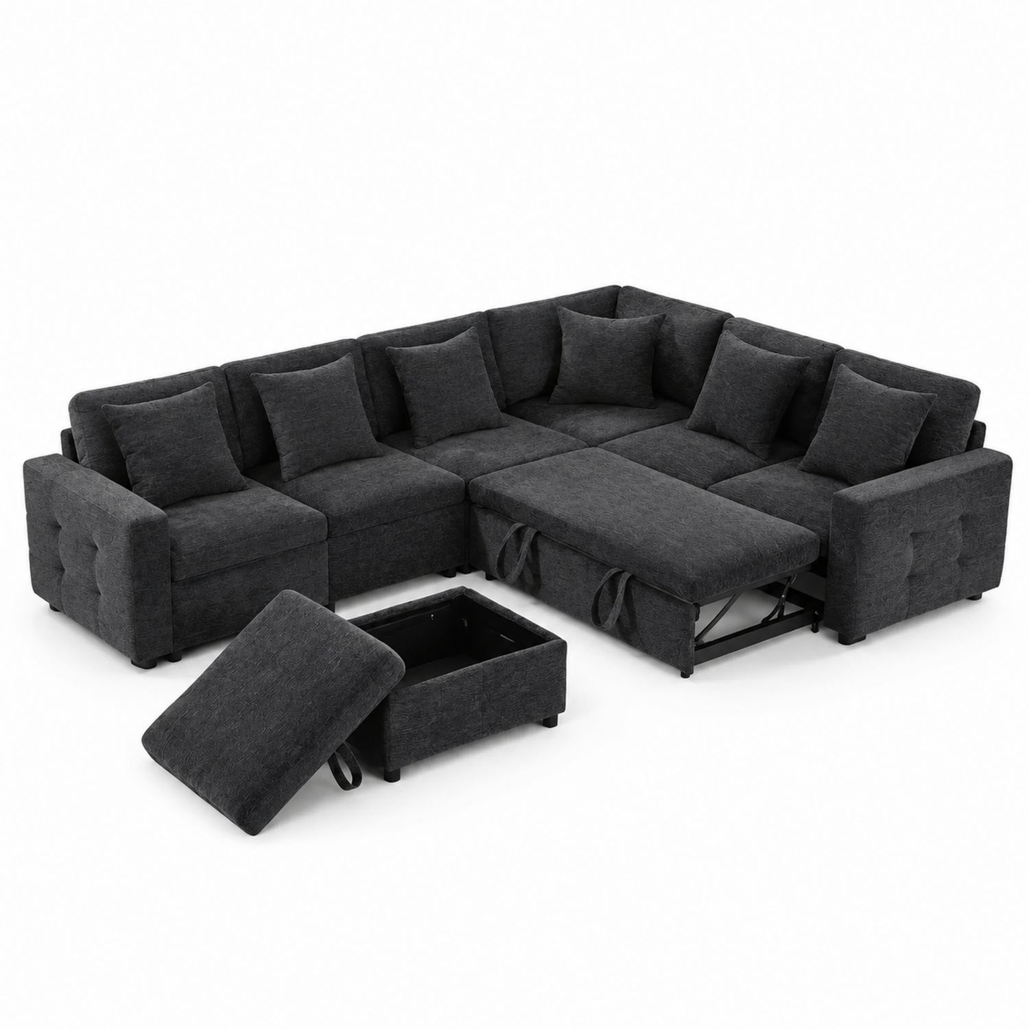Canapé d'angle modulable en tissu avec rangement et fonction lit