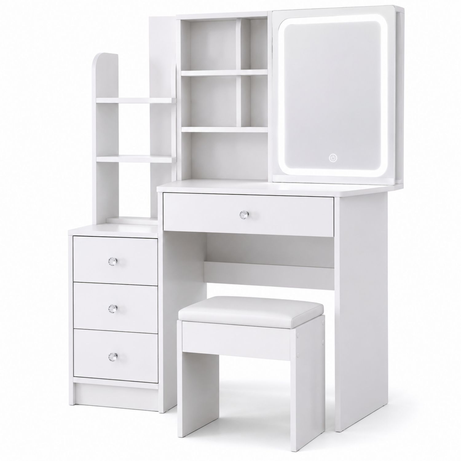 Coiffeuse en MDF Blanc avec Miroir LED et Tabouret
