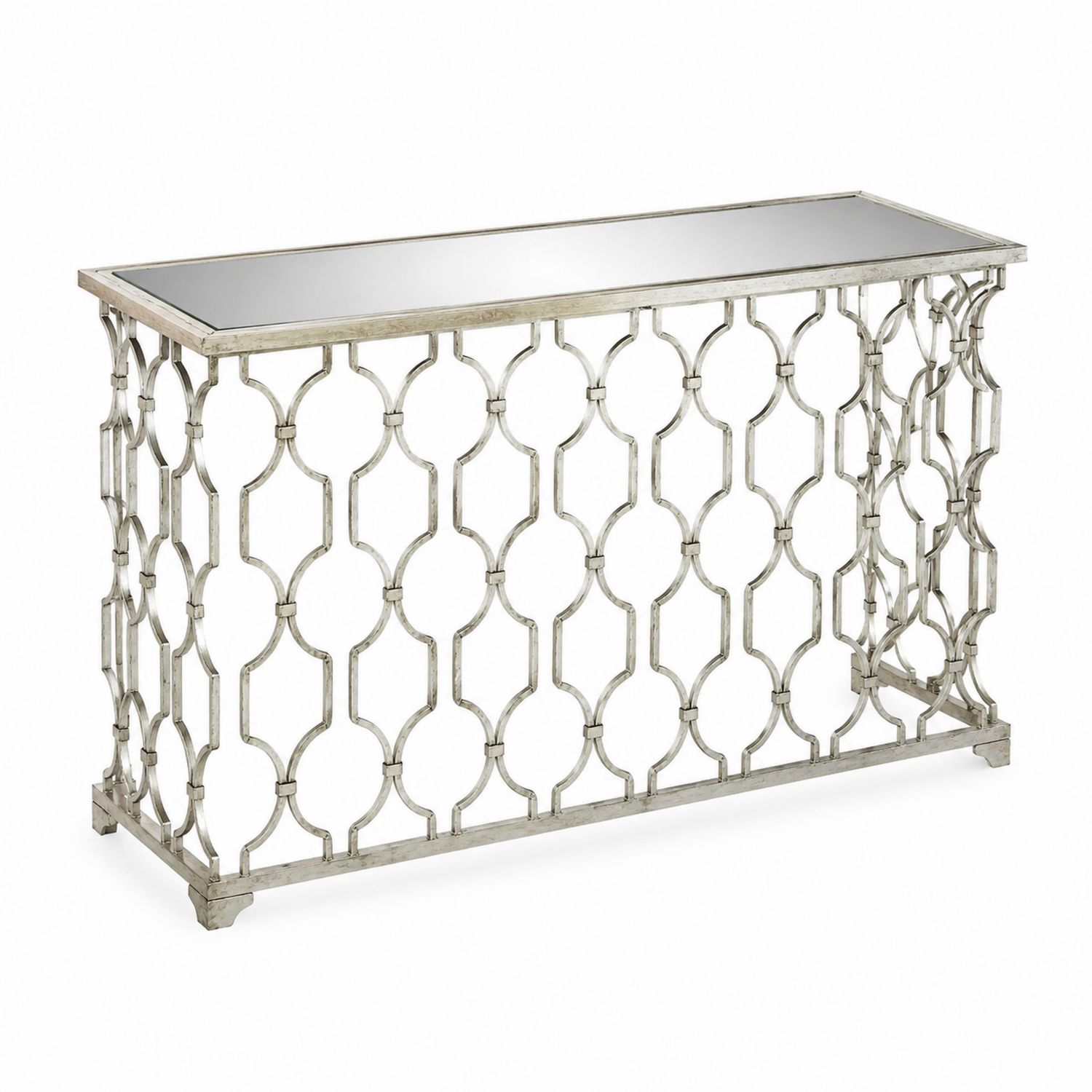 Table console en métal argenté avec plateau en verre trempé