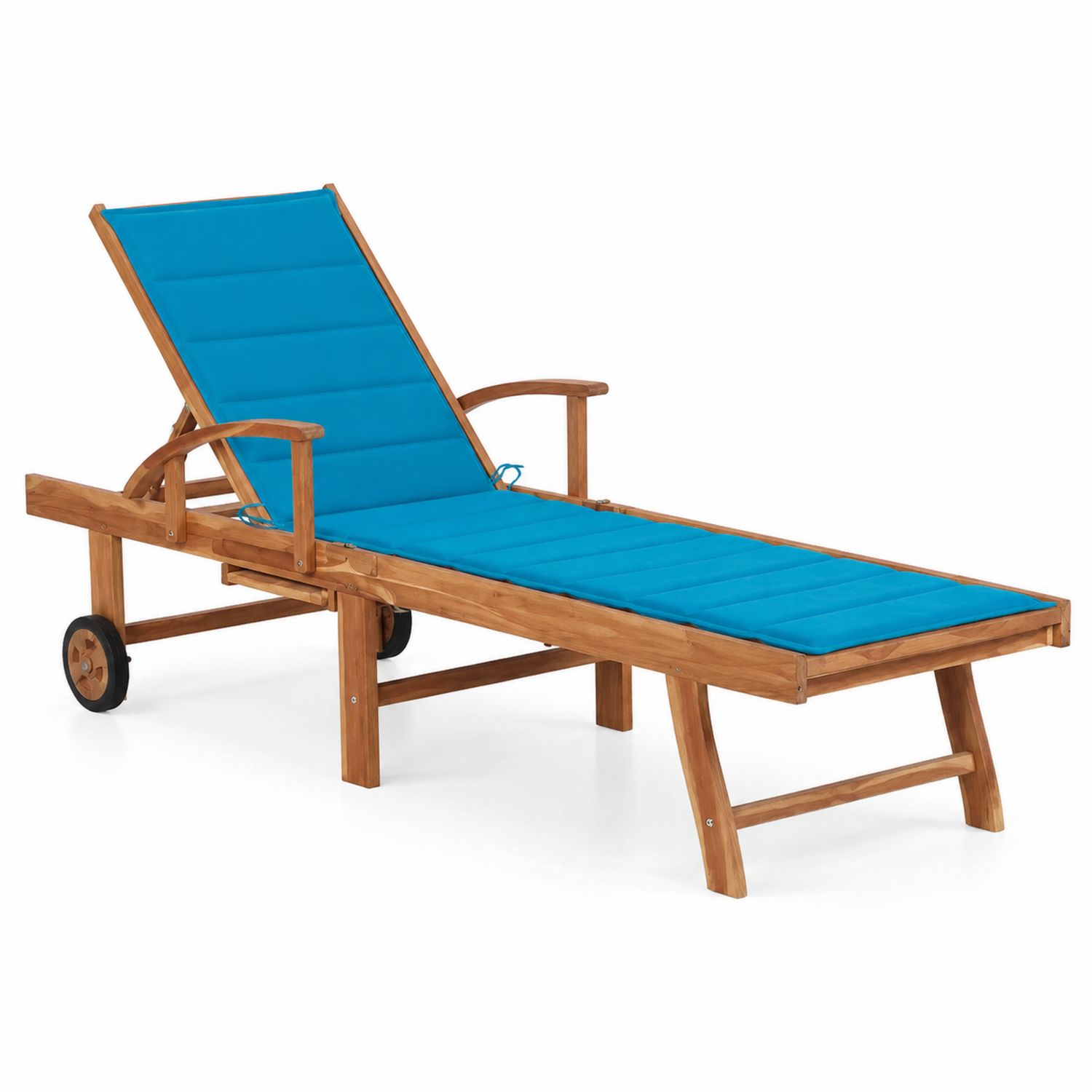 Chaise longue de jardin en bois avec coussin bleu